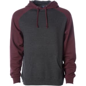 A raglan sleeve pullover hood in dark grey with maroon sleeves, featuring a kangaroo pocket and a hood.