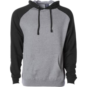 A raglan sleeve pullover hood in grey with black sleeves, featuring a front pocket and a drawstring hood.