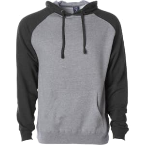 A grey pullover hoodie with black raglan sleeves and a front pocket, featuring a hood and drawstrings.