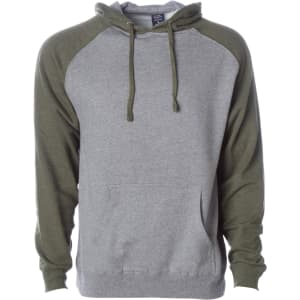 A raglan sleeve pullover hood in grey with olive green sleeves. Features a front pocket and includes a logo.