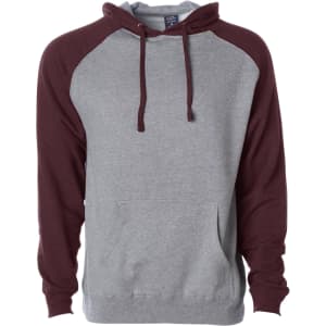 A raglan sleeve pullover hood in grey with burgundy sleeves, featuring a front pocket and a drawstring hood.