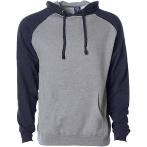 A grey pullover hood with navy raglan sleeves and a front pocket. Features a logo on the chest.
