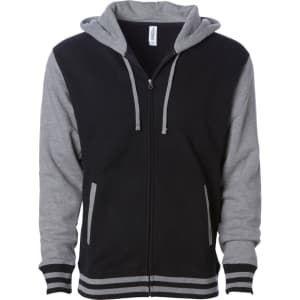 A black and grey unisex varsity zip hood with a hood and contrasting sleeves, featuring pockets and a logo.