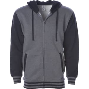 A unisex varsity zip hood made of grey fabric with dark sleeves, featuring a hood and front pockets.