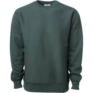A heavyweight crew sweatshirt in deep green, featuring long sleeves and a classic crew neck design. It has a logo.