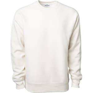 A white heavyweight crew sweatshirt with long sleeves and a crew neckline. It features a logo on the inside.