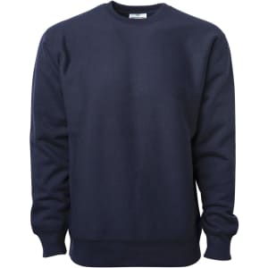 A navy heavyweight crew sweatshirt features ribbed cuffs and a crew neckline. It has a logo on the label.
