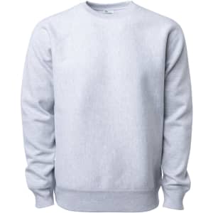 A grey heavyweight crew sweatshirt with long sleeves and a rounded neckline. It features a branding logo.