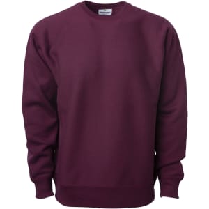 A maroon heavyweight crew sweatshirt with long sleeves and a crew neckline. It features a label inside and a branding logo.