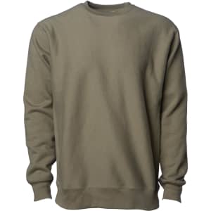 A heavyweight crew sweatshirt in a muted olive green colour with long sleeves and a crew neck. Features a logo.