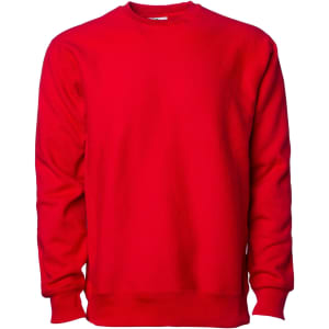 A red heavyweight crew sweatshirt with long sleeves. It features a simple design and has a logo on it.