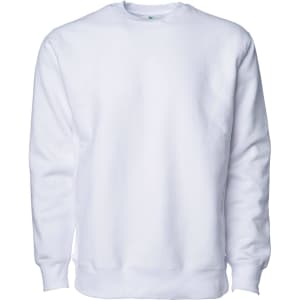 A white heavyweight crew sweatshirt with long sleeves and a simple design. It has a logo on the front.