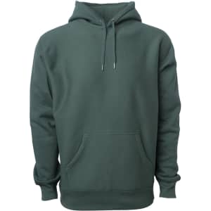 A heavyweight hooded sweatshirt in a deep green colour, featuring a front pocket and drawstring hood.
