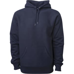 A heavyweight hooded sweatshirt in navy blue, featuring a front pocket and a drawstring hood. Contains a logo.