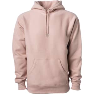 A heavyweight hooded sweatshirt in a soft pink colour with a front pocket and drawstring hood. It has a logo.