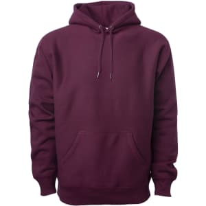 A heavyweight hooded sweatshirt in burgundy with a front pocket and a drawstring hood. It has a logo on the chest.