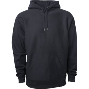 A heavyweight hooded sweatshirt in black, featuring a front pocket and drawstring hood. The product has a logo.