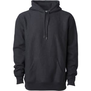 A heavyweight hooded sweatshirt in dark grey with a front pocket and drawstring hood, featuring a logo.