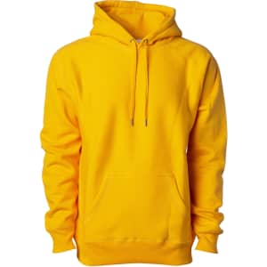 A bright yellow heavyweight hooded sweatshirt with a front pocket and drawstring hood. Features a logo.