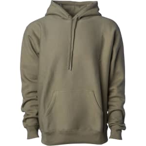 A heavyweight hooded sweatshirt in a muted olive green colour with a front pocket and drawstring hood.