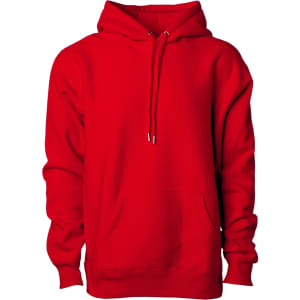 A red heavyweight hooded sweatshirt with a front pocket and a drawstring hood. It has a logo on the front.