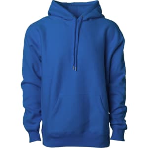 A blue heavyweight hoodie with a front pocket and drawstring hood. It features a logo on the front.