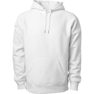 A white heavyweight hooded sweatshirt with a front pocket and drawstrings. It features a logo on the chest area.