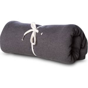 A rolled grey stadium blanket secured with a white tie, featuring a soft texture and compact design.