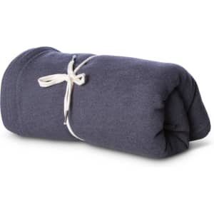 A rolled blue stadium blanket tied with a string, showcasing a soft and warm texture.