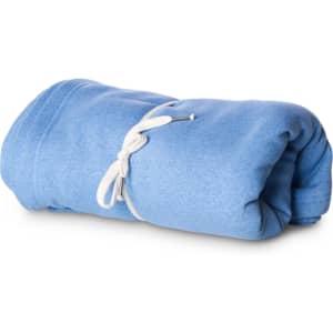 A rolled blue stadium blanket secured with a white cord, featuring a soft, textured fabric.