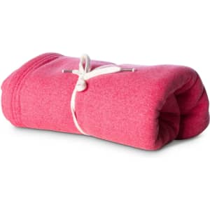 A rolled pink stadium blanket tied with a white string, featuring a smooth texture and subtle design.