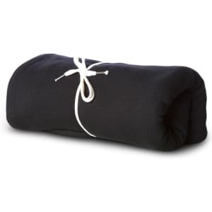 A rolled black stadium blanket tied with a white string, featuring a logo on the fabric.