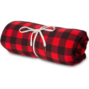 A rolled red and black checkered blanket tied with a white cord. It features a logo on the fabric.