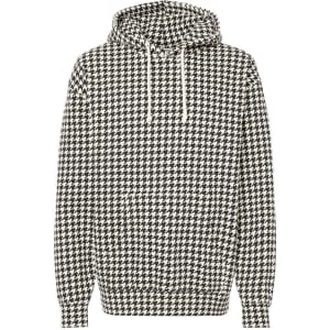 A heavyweight pullover hood in a black and white houndstooth pattern, featuring a hood and drawstrings.