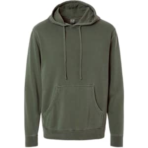 A unisex pigment dye pullover in olive green with a hood and front pocket, featuring a logo.