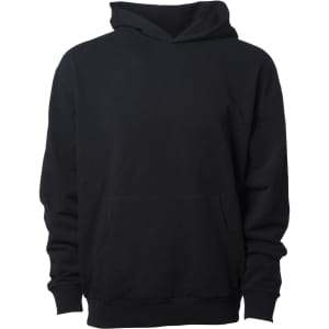 A black heavyweight modal hooded sweatshirt with a front pocket and a relaxed fit. It features a branding logo.