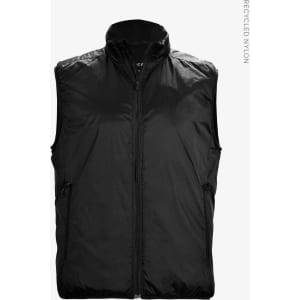 A black unisex vest made from recycled nylon, featuring a zip closure and side pockets, with a logo on it.
