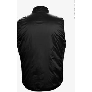 A black unisex vest made from recycled nylon, featuring a high collar and no sleeves.