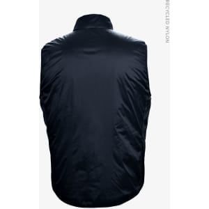A navy unisex vest made from recycled nylon with a high collar and no visible fastenings.