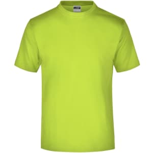 A round-neck, short-sleeved T-shirt in bright lime green, featuring a logo on the label.