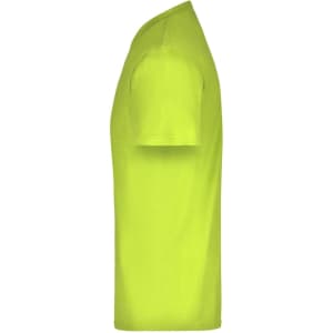 A vibrant lime green t-shirt displayed from the side, featuring short sleeves and a round neckline.