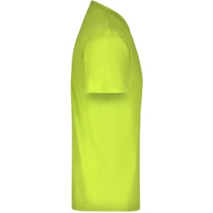 A bright yellow T-shirt displayed from the side, featuring a simple design and a logo.