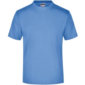A blue T-shirt featuring a crew neckline and short sleeves, with a logo on the label.