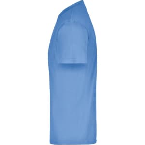 A blue t-shirt displayed from the side, featuring a simple design and a logo.