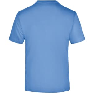 A short-sleeved t-shirt in a light blue colour with a plain back and a logo present.