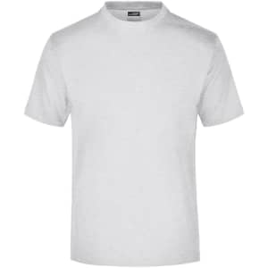 A light grey t-shirt with a classic round neck, featuring a logo on the label.