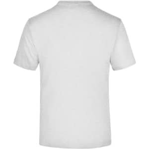 A plain white short-sleeve t-shirt featuring a back view. Includes a logo on the back.