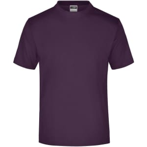 A plain purple T-shirt with a round neckline and short sleeves, featuring a brand logo on the label.