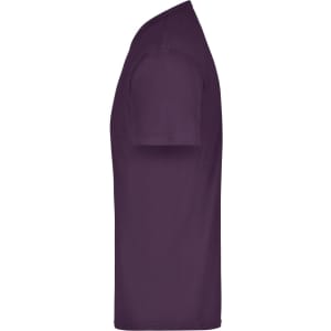 A purple T-shirt with a round neckline and short sleeves, featuring a logo on the front.