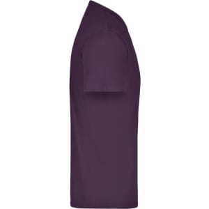 A side view of a purple T-shirt with short sleeves, featuring a logo on the front.